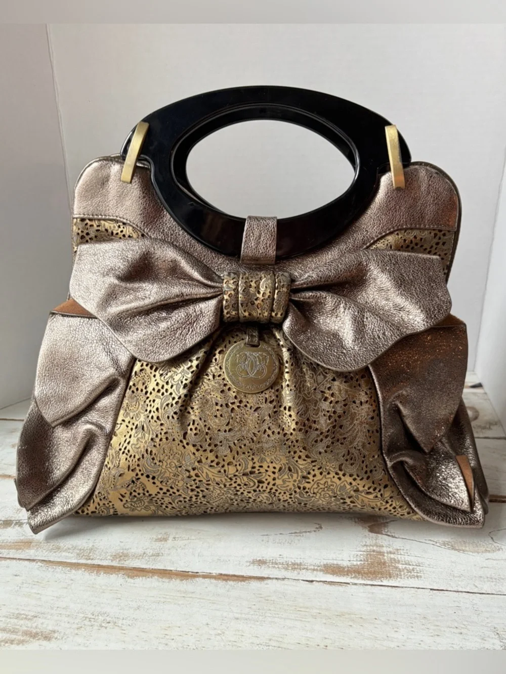 SHARIF Rare leather Bow satchel vintage style bronze copper metallic purse chic
